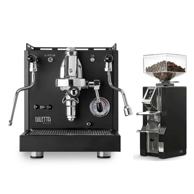 A Diletta Alto espresso machine and a Eureka Mignon Libra espresso grinder, both in black, with the Diletta Alto having multiple control knobs and the Eureka Mignon Libra featuring a clear hopper and a digital display.