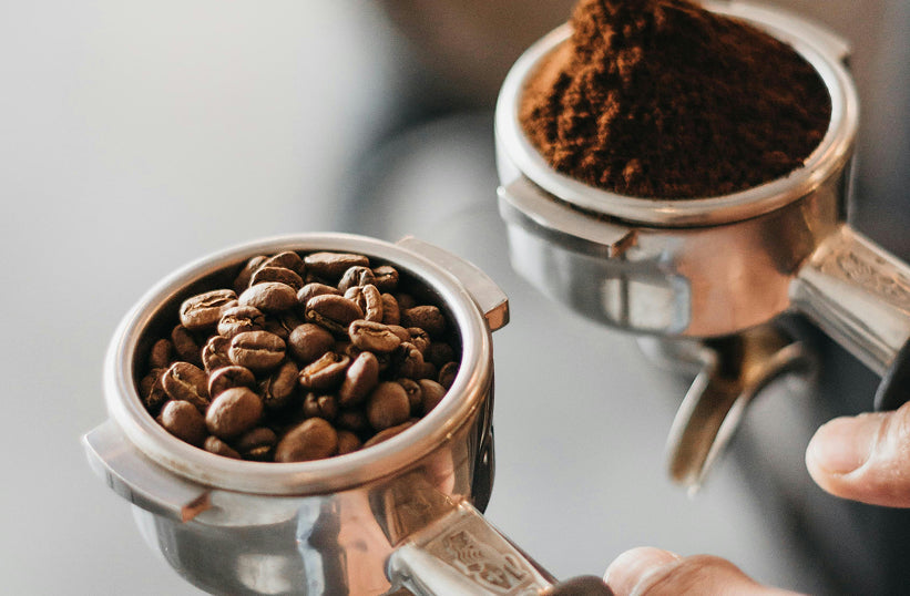 Whole espresso beans and finely ground coffee side by side in portafilters