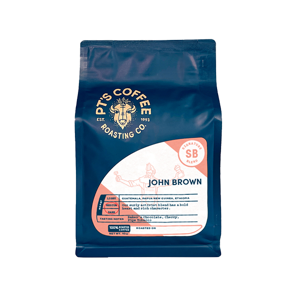 Sincere picture of the packaging for PTs Coffee John Brown coffee roast.